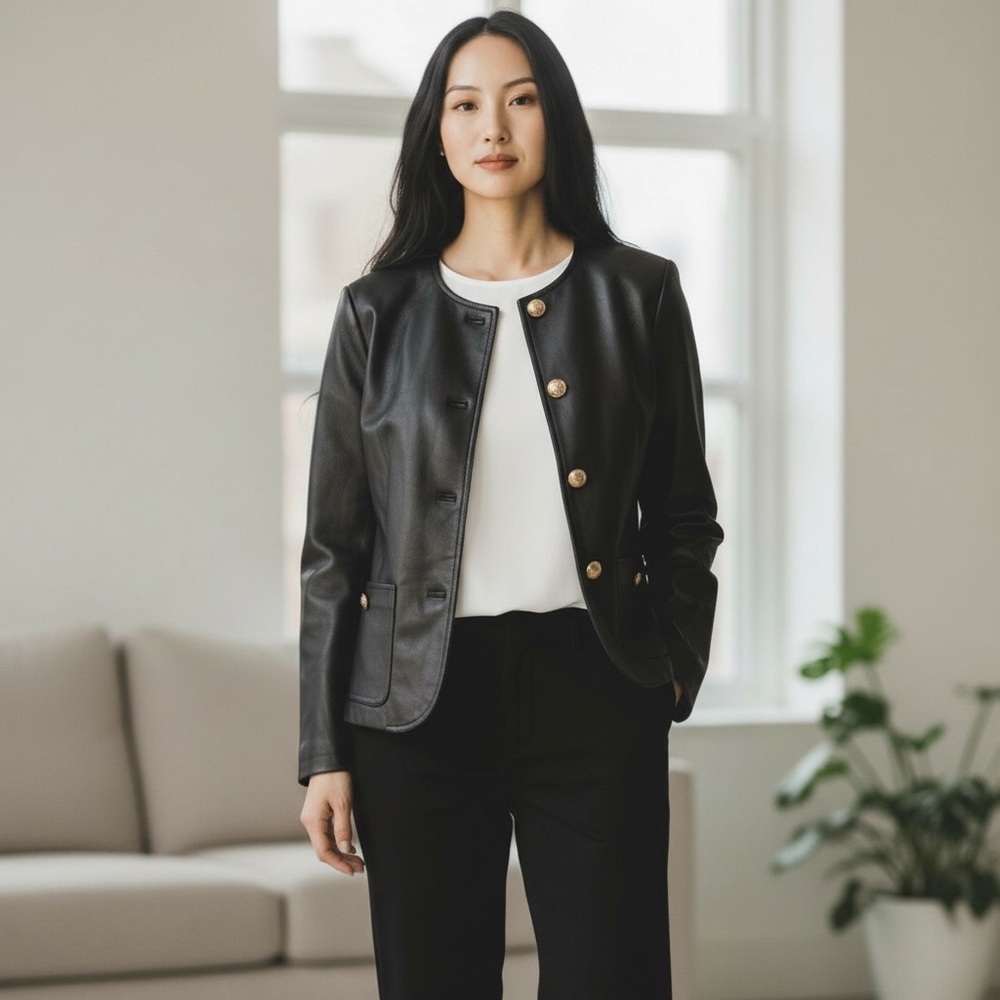 Chico's Sleek Black Leather Jacket with Gold Accents